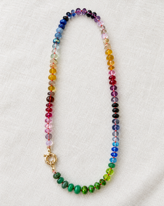 River Cafe Rainbow Gemstone Necklace with 9K Gold, hot pink and blue gemstones hand-knotted on silk.