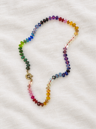River Cafe Rainbow Gemstone Necklace with 9K Gold, hot pink and blue gemstones hand-knotted on silk.