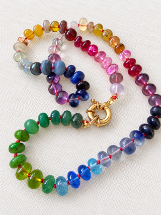 River Cafe Rainbow Gemstone Necklace with 9K Gold, hot pink and blue gemstones hand-knotted on silk.
