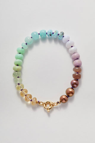 Sardinia Rainbow bracelet, hand-knotted gemstones on silk with a 14k gold clasp.
