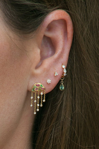 The Sea Blush Jelly earring stacked with the Mini Mixed Cut Pear and Round Diamond Huggie in 9k gold.