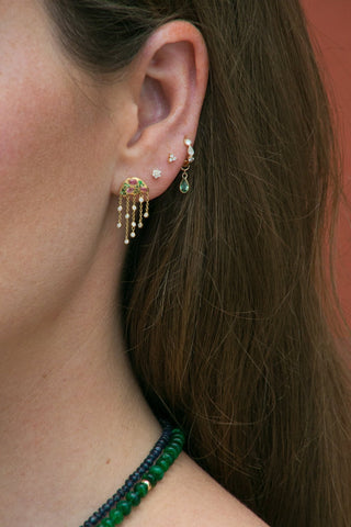 The Sea Blush Jelly earring stacked with the Mini Mixed Cut Pear and Round Diamond Huggie in 9k gold.