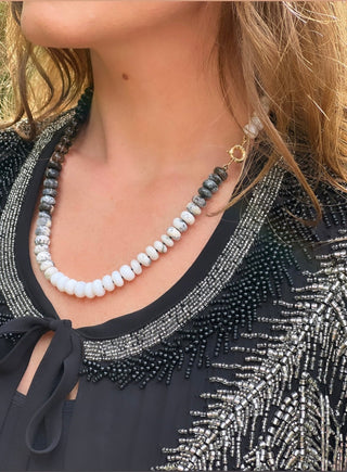 Smoky Rainbow necklace, smoky quartz and black tourmaline with a 9k gold bolt clasp.