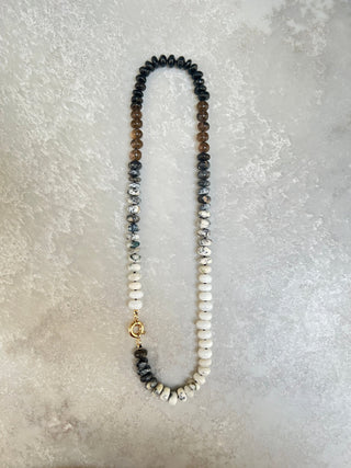 Smoky Rainbow necklace, smoky quartz and black tourmaline with a 9k gold bolt clasp.