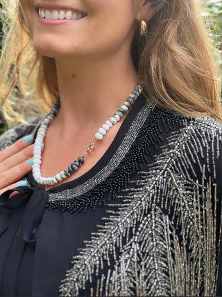 Smoky Rainbow necklace, smoky quartz and black tourmaline with a 9k gold bolt clasp.