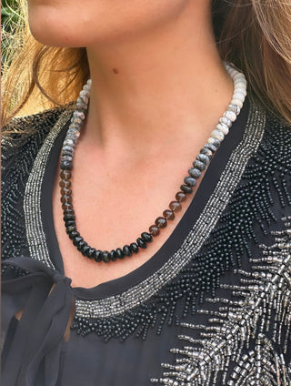 Smoky Rainbow necklace, smoky quartz and black tourmaline with a 9k gold bolt clasp.