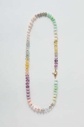 Sorbet Rainbow necklace in pastel gemstones with a 14ct gold clasp set with diamonds.