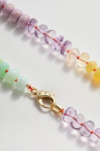 Sorbet Rainbow necklace in pastel gemstones with a 14ct gold clasp set with diamonds.