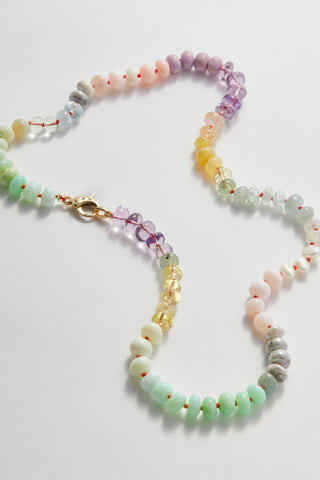 Sorbet Rainbow necklace in pastel gemstones with a 14ct gold clasp set with diamonds.