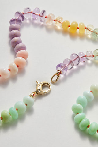 Sorbet Rainbow necklace in pastel gemstones with a 14ct gold clasp set with diamonds.