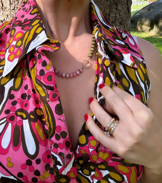 Spumoni Chic necklace, knotted gemstones on blush silk with a 14k gold and diamond connector clasp.