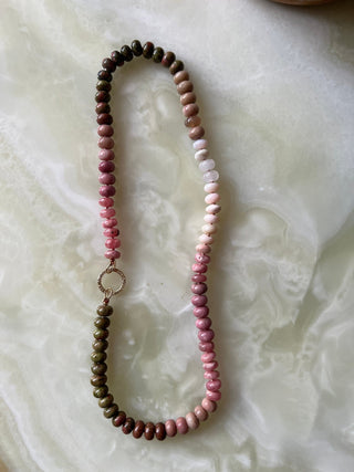 Spumoni Chic necklace, knotted gemstones on blush silk with a 14k gold and diamond connector clasp.