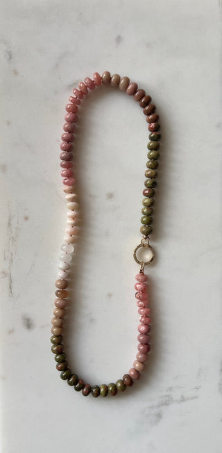 Spumoni Chic necklace, knotted gemstones on blush silk with a 14k gold and diamond connector clasp.