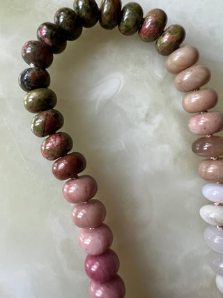 Spumoni Chic necklace, knotted gemstones on blush silk with a 14k gold and diamond connector clasp.