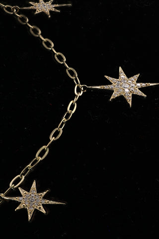 Star Dust Necklace by Sorsa Jewellery, five diamond-set starbursts on a rollo link 9k gold chain.