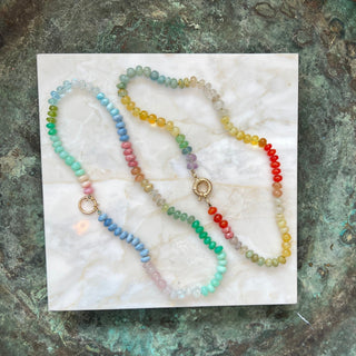 Summer Sunsets Rainbow necklace detail, aquamarine and carnelian gemstones knotted on silk, Sorsa Jewellery collaboration with Genevieve Harris