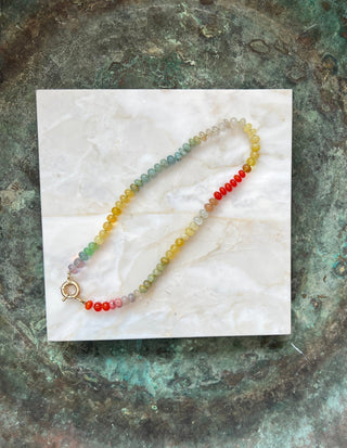 Summer Sunsets Rainbow necklace worn, sun-soaked gemstone necklace by Sorsa Jewellery in collaboration with Genevieve Harris