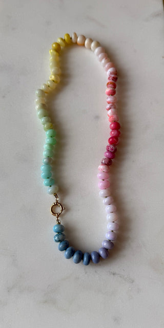 Sunny Opal Rainbow necklace, mixed opal gemstones knotted on silk with a 14k gold bolt clasp.