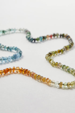 Tourmaline and aquamarine layering necklace, hand-knotted on silk, pullover with no clasp.