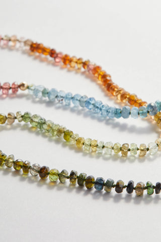 Tourmaline and aquamarine layering necklace, hand-knotted on silk, pullover with no clasp.