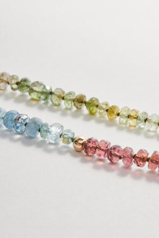 Tourmaline and aquamarine layering necklace, hand-knotted on silk, pullover with no clasp.