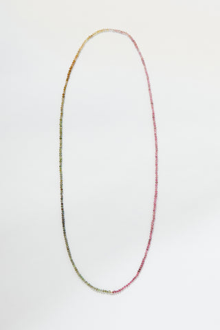 Tourmaline pullover necklace, hand-knotted on silk with a solid 14k gold bead, no clasp.