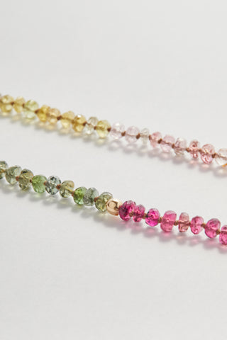 Tourmaline pullover necklace, hand-knotted on silk with a solid 14k gold bead, no clasp.