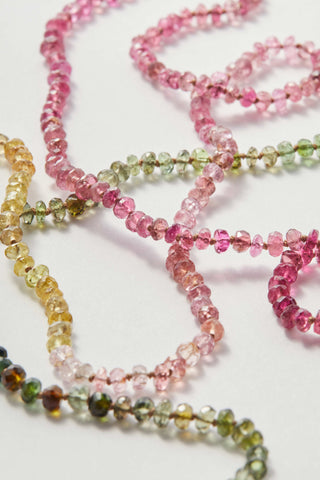 Tourmaline pullover necklace, hand-knotted on silk with a solid 14k gold bead, no clasp.