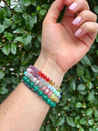 Tropical Rainbow bracelet, mixed gemstones knotted on silk with an 18k gold bolt ring clasp.