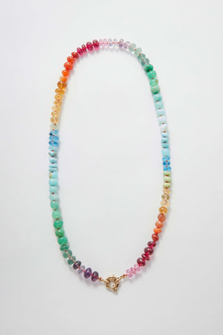 Tropical Rainbow gemstone necklace, hand-knotted on silk with a 9k gold bolt clasp.