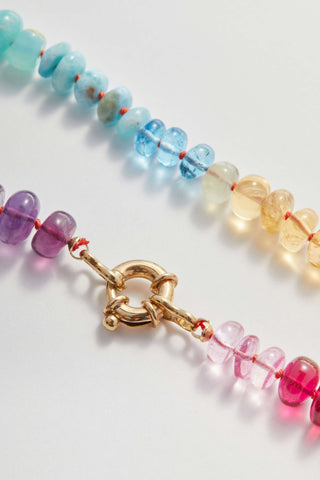 Tropical Rainbow gemstone necklace, hand-knotted on silk with a 9k gold bolt clasp.