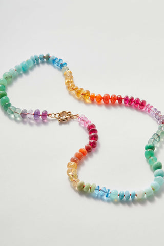 Tropical Rainbow gemstone necklace, hand-knotted on silk with a 9k gold bolt clasp.