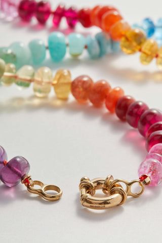 Tropical Rainbow gemstone necklace, hand-knotted on silk with a 9k gold bolt clasp.