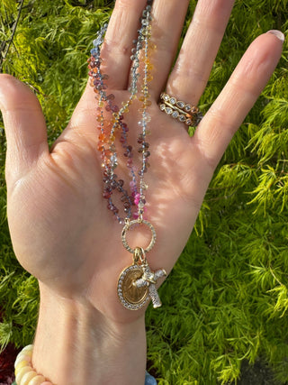 Vintage 9k gold cross charm set with diamonds, 2cm antique pendant.