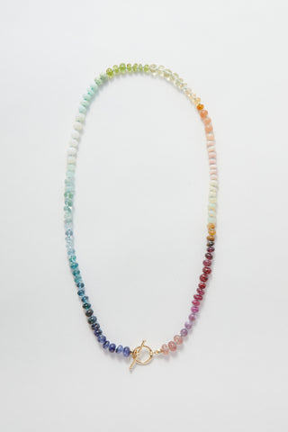 Watercolour Rainbow gemstone necklace, hand-knotted on silk with a 14k gold toggle clasp.