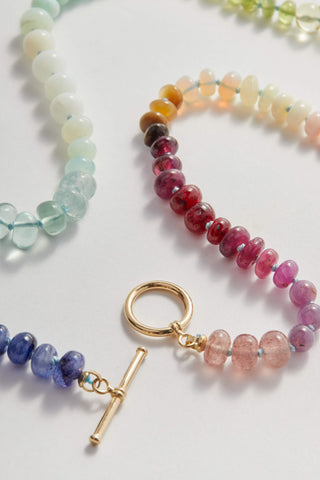 Watercolour Rainbow gemstone necklace, hand-knotted on silk with a 14k gold toggle clasp.