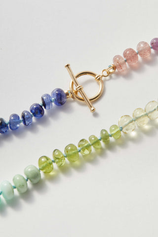 Watercolour Rainbow gemstone necklace, hand-knotted on silk with a 14k gold toggle clasp.