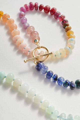 Watercolour Rainbow gemstone necklace, hand-knotted on silk with a 14k gold toggle clasp.