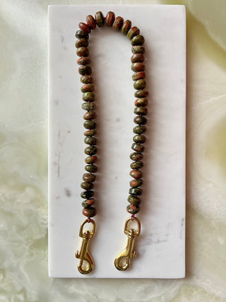 Watermelon Slice bag strap, unakite beads knotted on mocha silk with brass trigger clips.