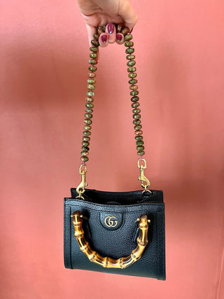 Watermelon Slice bag strap, unakite beads knotted on mocha silk with brass trigger clips.