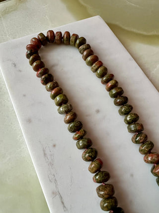 Watermelon Slice bag strap, unakite beads knotted on mocha silk with brass trigger clips.