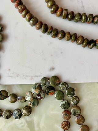 Watermelon Slice bag strap, unakite beads knotted on mocha silk with brass trigger clips.