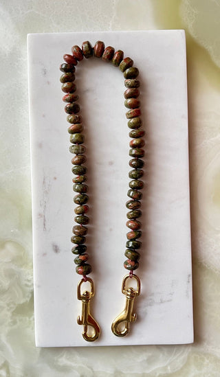 Watermelon Slice bag strap, unakite beads knotted on mocha silk with brass trigger clips.