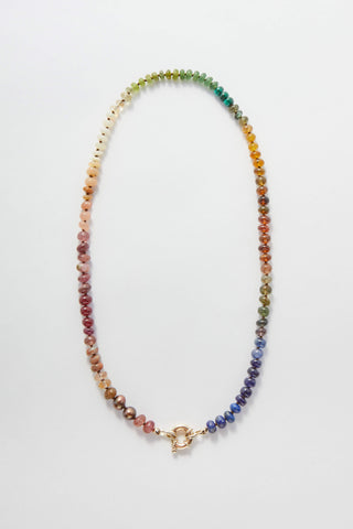 Wild Honey Rainbow gemstone necklace, hand-knotted on silk with a solid 9k gold bolt ring.