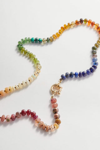 Wild Honey Rainbow gemstone necklace, hand-knotted on silk with a solid 9k gold bolt ring.