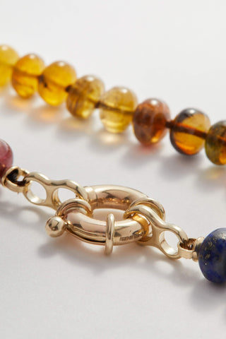Wild Honey Rainbow gemstone necklace, hand-knotted on silk with a solid 9k gold bolt ring.