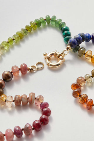 Wild Honey Rainbow gemstone necklace, hand-knotted on silk with a solid 9k gold bolt ring.