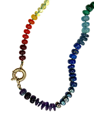 X-Large Classic Rainbow necklace, mixed gemstones knotted on silk with a 9k gold bolt clasp.