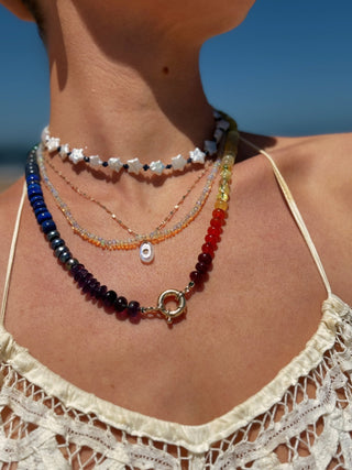 X-Large Classic Rainbow necklace, mixed gemstones knotted on silk with a 9k gold bolt clasp.