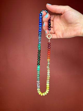 X-Large Classic Rainbow necklace, mixed gemstones knotted on silk with a 9k gold bolt clasp.